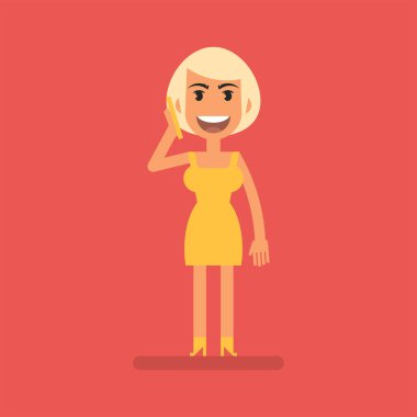 Young blonde girl talking on mobile phone. Flat people. Vector Illustration