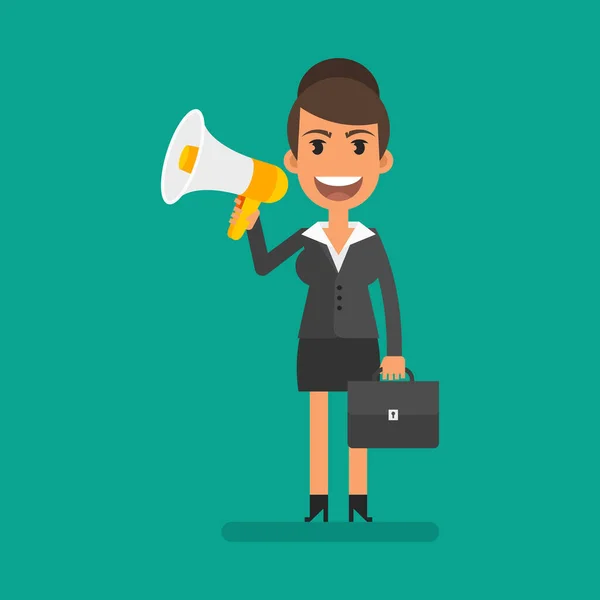 Business Woman Holding Megaphone Holding Briefcase Smiling Flat People Vector —  Vetores de Stock