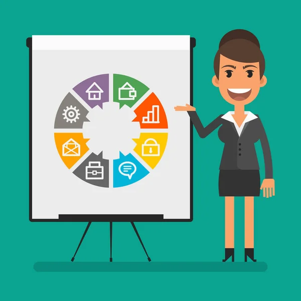 Business Woman Points Flip Chart Image Business Icons Flat People — Stok Vektör