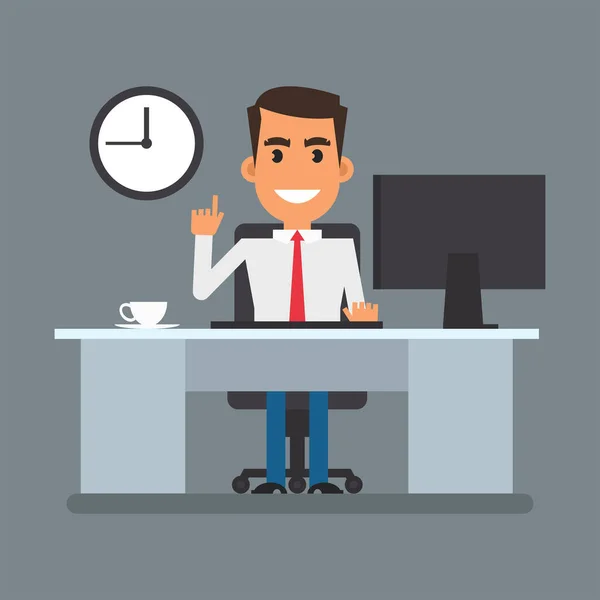 Businessman Sits Computer Desk Pointing Finger Flat People Vector Illustration — Stockvektor