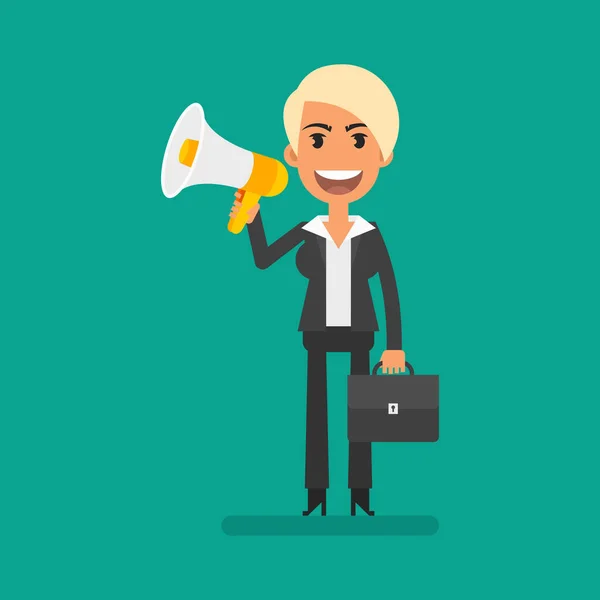 Businesswoman Blonde Holding Megaphone Holding Briefcase Smiling Flat People Vector — 스톡 벡터