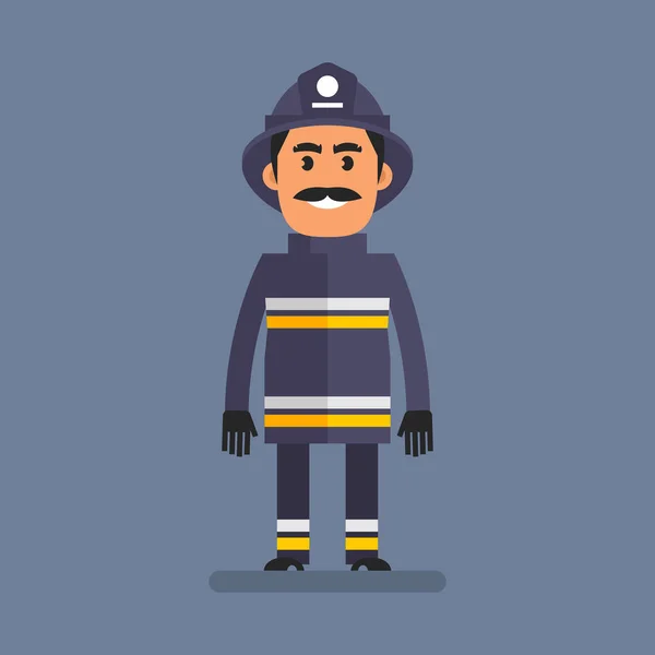 Fireman Helmet Stands Smiles Flat People Vector Illustration — стоковый вектор