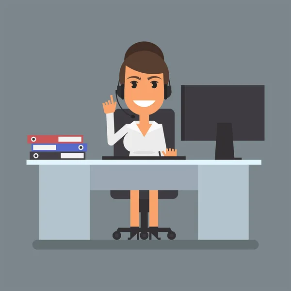 Phone Operator Girl Sits Computer Desk Pointing Finger Flat People — Vector de stock