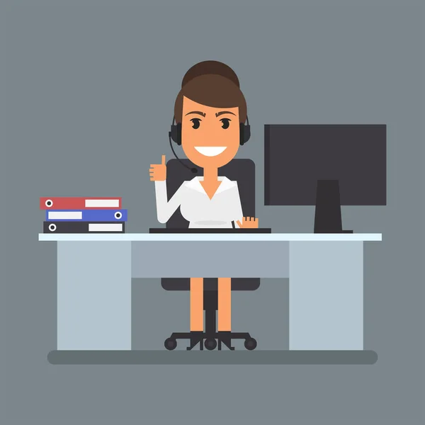 Phone Operator Girl Sits Computer Desk Showing Thumbs Flat People — Stock Vector