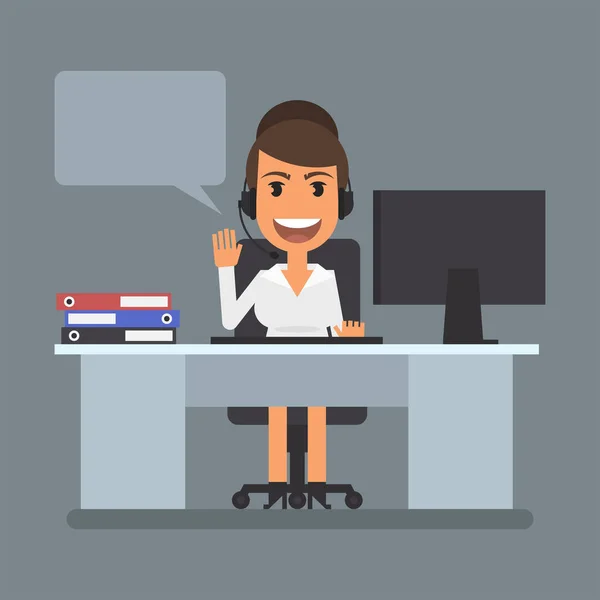 Phone Operator Girl Sits Computer Desk Waves His Hand Flat — Διανυσματικό Αρχείο