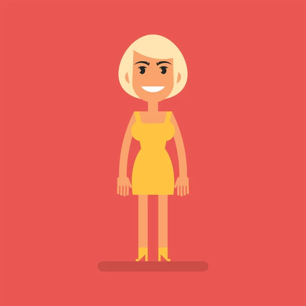 Young Blonde Girl Yellow Dress Stands Smiles Flat People Vector — Stockvector