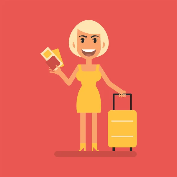 Young Blonde Girl Holding Documents Suitcase Flat People Vector Illustration — Archivo Imágenes Vectoriales