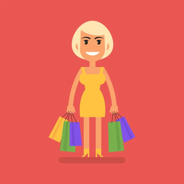 Young Blonde Girl Holding Shopping Bags Smiling Flat People Vector — ストックベクタ