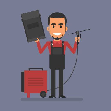 Mechanic stands near welding machine and holds protective mask. Flat people. Vector Illustration