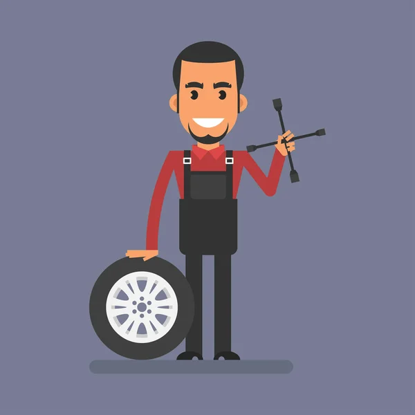 Mechanic Stands Car Wheel Holds Wrench Flat People Vector Illustration — Stock vektor