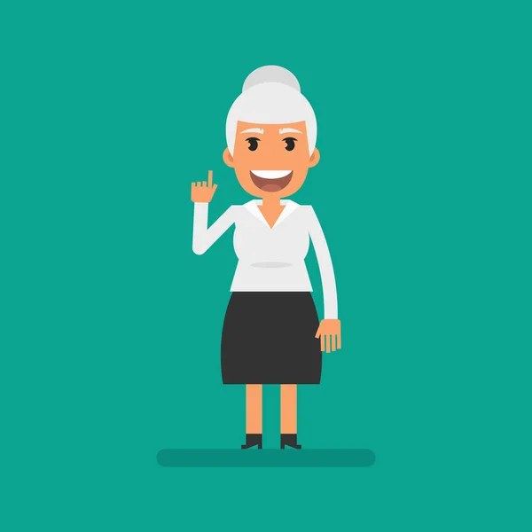 Old Business Woman Pointing Finger Smiles Flat People Vector Illustration — Vector de stock