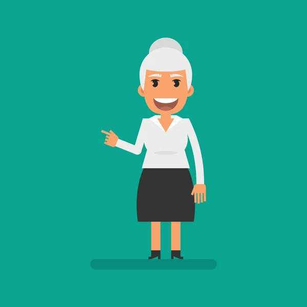 Old Business Woman Points Finger Smiles Flat People Vector Illustration — Wektor stockowy