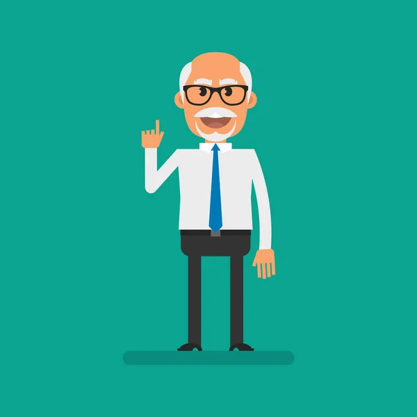 Old Businessman Pointing Finger Smiles Flat People Vector Illustration — Vettoriale Stock