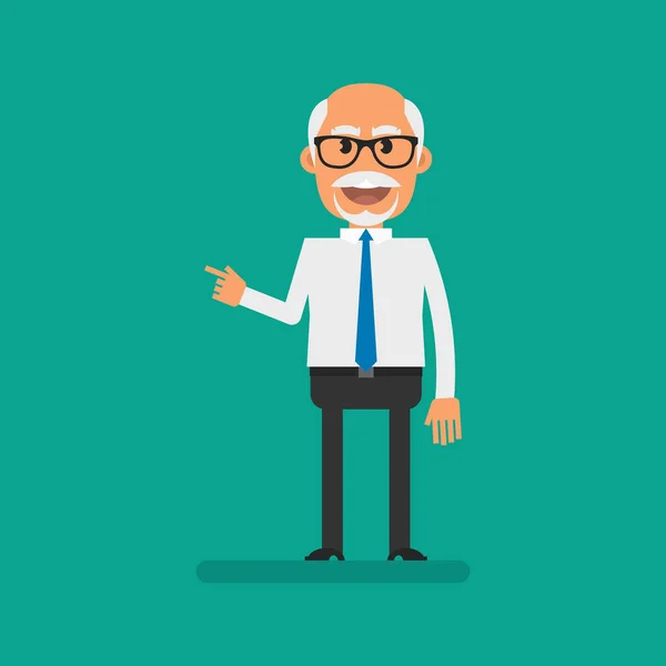 Old Businessman Points Finger Smiles Flat People Vector Illustration — Vettoriale Stock