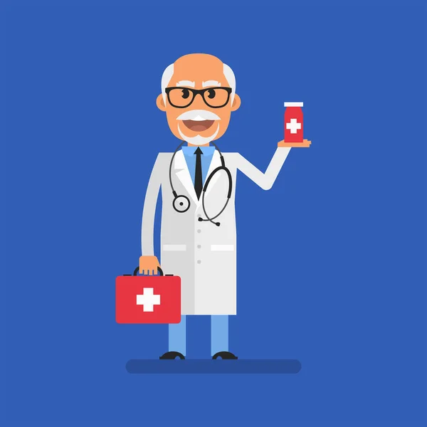 Old Doctor Holding Briefcase Holding Pills Flat People Vector Illustration — Image vectorielle