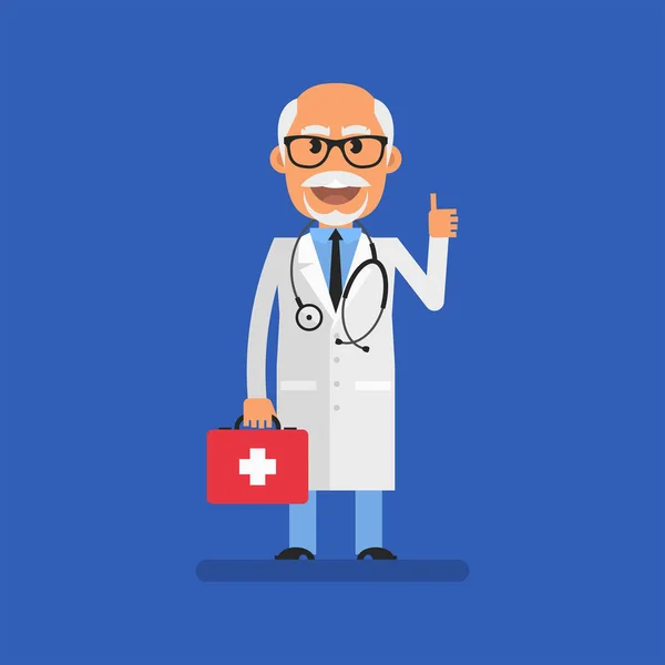 Old Doctor Holding Briefcase Showing Thumbs Flat People Vector Illustration — Vector de stock