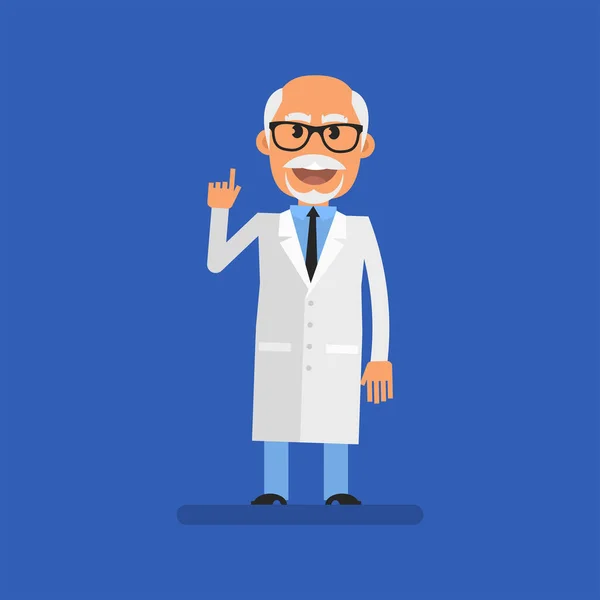 Old Doctor Pointing Finger Smiles Flat People Vector Illustration — Vector de stock