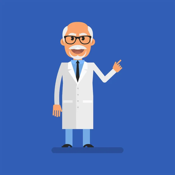 Old Doctor Points Finger Smiles Flat People Vector Illustration — Vettoriale Stock