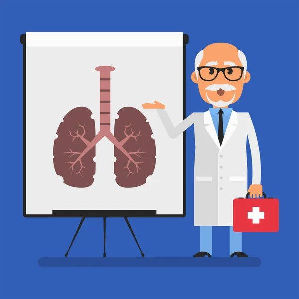 Old Doctor Points Flip Chart Picture Diseased Lungs Flat People — Vector de stock