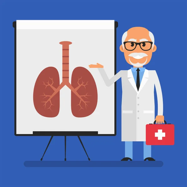 Old Doctor Points Flip Chart Picture Healthy Lungs Flat People — Vector de stock