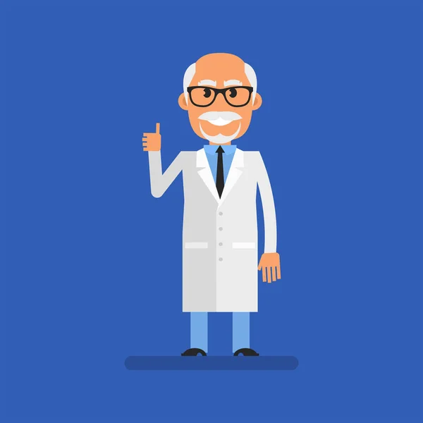 Old Doctor Showing Thumbs Smiles Flat People Vector Illustration — Stock vektor