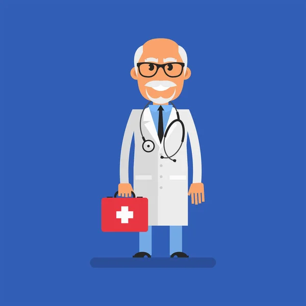 Old Doctor Standing Holding Briefcase Flat People Vector Illustration — Stockvektor