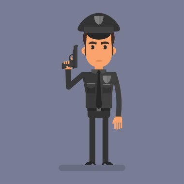 Cop skinny holding gun. Flat people. Vector Illustration