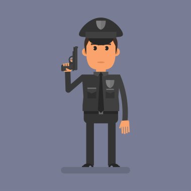 Cop fat holding gun. Flat people. Vector Illustration