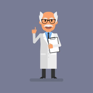 Old professor pointing finger up and holding tablet. Flat people. Vector Illustration