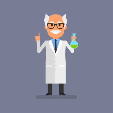 Old professor showing thumbs up and holding test tube. Flat people. Vector Illustration