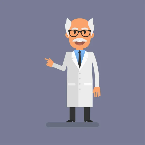 Old Professor Pointing Finger Smiling Flat People Vector Illustration — Archivo Imágenes Vectoriales