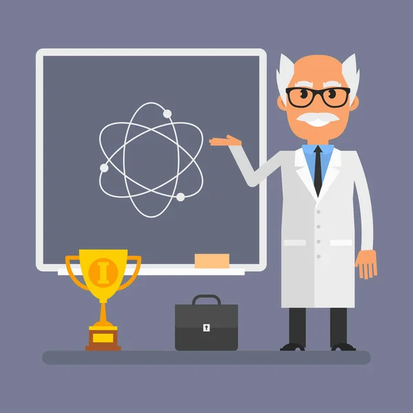Old Professor Pointing Hand Picture Atom Flat People Vector Illustration — Vettoriale Stock