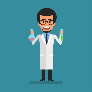 Young scientist holding two test tubes. Flat people. Vector Illustration