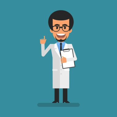 Young scientist pointing finger up and holding tablet. Flat people. Vector Illustration