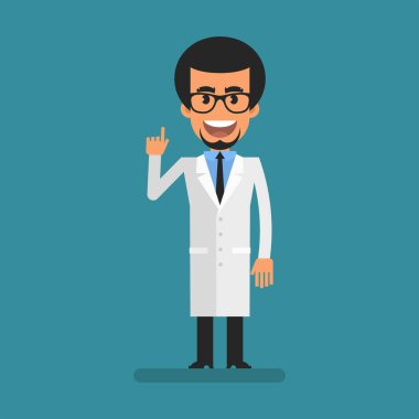 Young scientist pointing finger up. Flat people. Vector Illustration