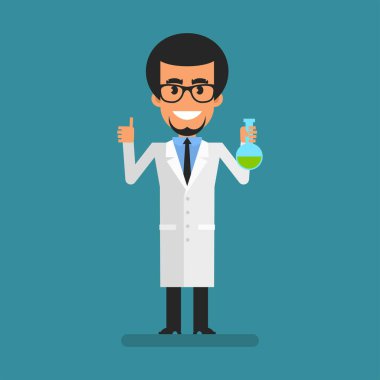 Young scientist showing thumbs up and holding test tube. Flat people. Vector Illustration