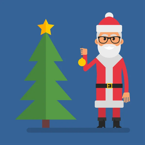 Santa Stands Christmas Tree Holding Christmas Tree Toy Flat People — ストックベクタ