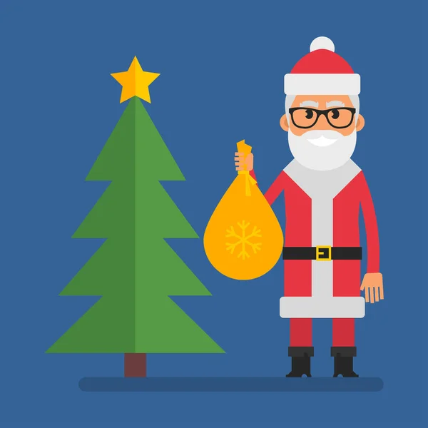 Santa Stands Christmas Tree Holding Bag Gifts Flat People Vector — Stockvektor