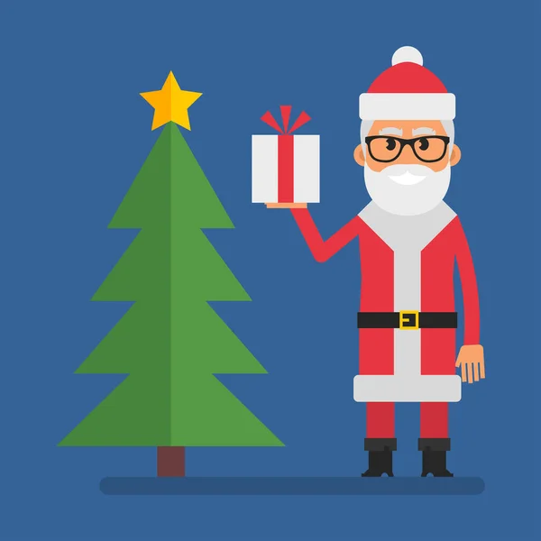 Santa Stands Christmas Tree Holding Gift Flat People Vector Illustration — Stok Vektör