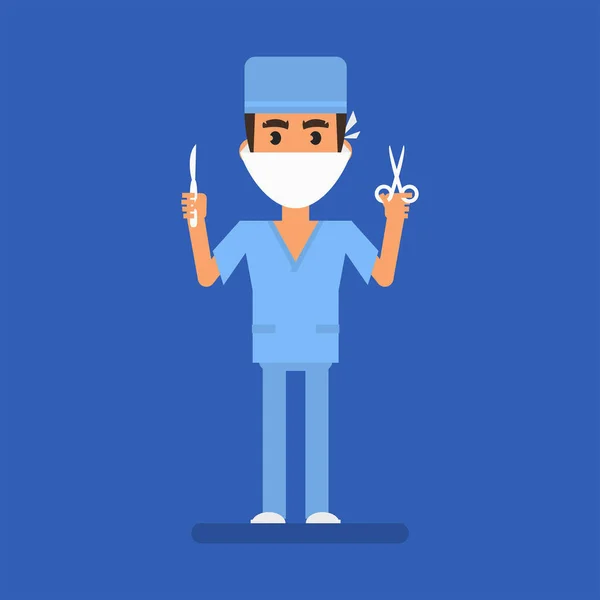 Surgeon Holding Scalpel Scissors Flat People Vector Illustration —  Vetores de Stock