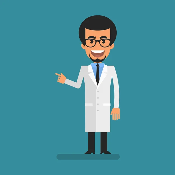 Young Scientist Pointing Finger Flat People Vector Illustration — Stockový vektor