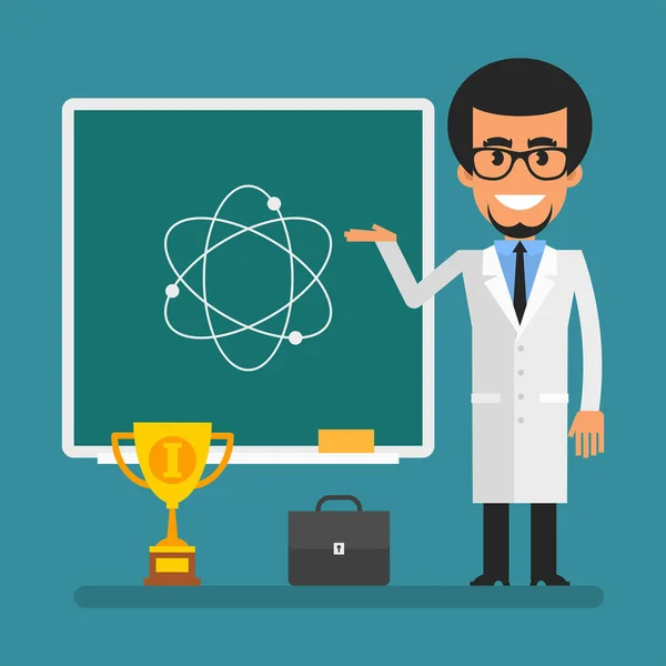 Young Scientist Pointing Hand Picture Atom Flat People Vector Illustration — ストックベクタ