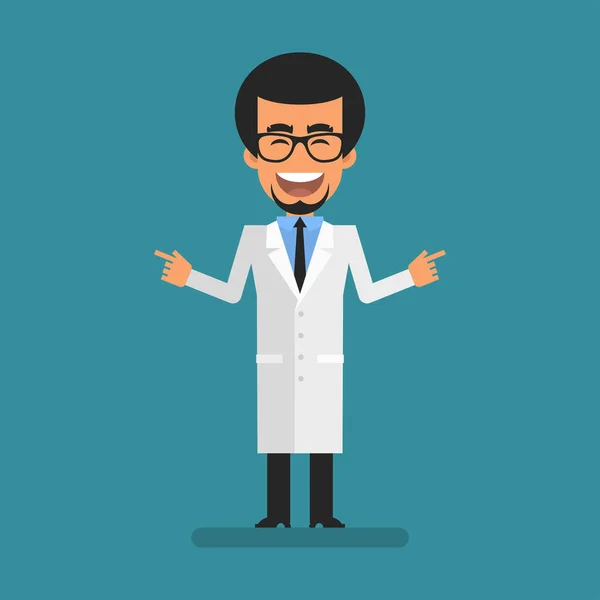 Young Scientist Pointing Two Fingers Laughs Flat People Vector Illustration — 스톡 벡터
