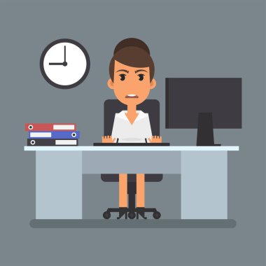Business woman sits at computer desk and dissatisfied. Flat people. Vector Illustration
