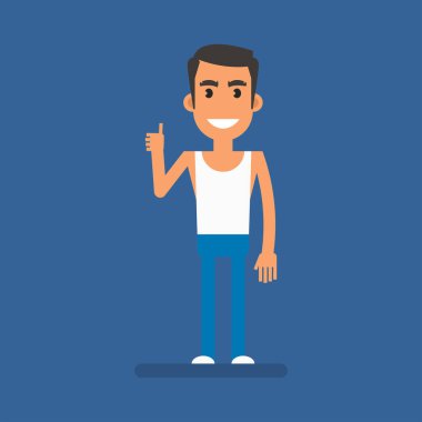 Thin man showing thumbs up and smiling. Flat people. Vector Illustration
