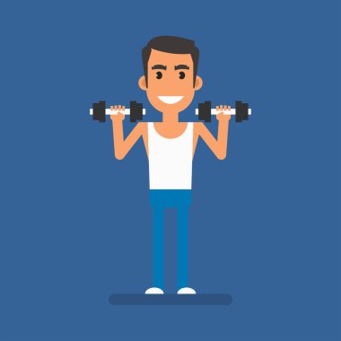 Thin man holding two dumbbells and smiling. Flat people. Vector Illustration
