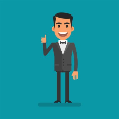 Waiter showing thumbs up and smiling. Flat people. Vector Illustration
