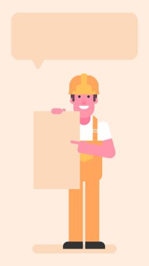 Builder holding blank sign and smiles. Flat people. Vector illustration