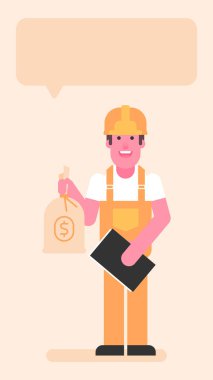 Builder holding bag with money and folder with documents. Flat people. Vector illustration