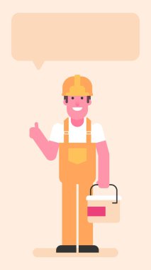 Builder holding bucket with paint and showing thumbs up. Flat people. Vector illustration